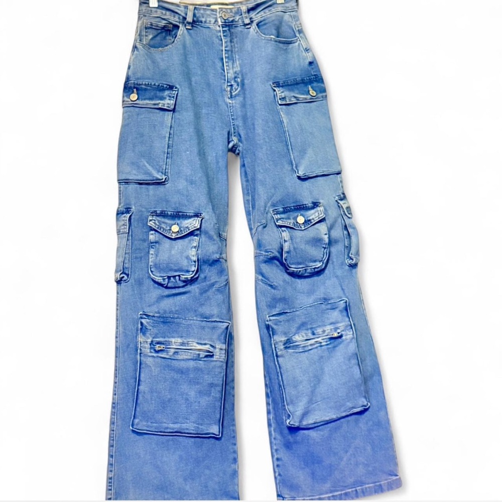 New LABIJOU Y2K Baggy Wide Leg Cargo Jeans Large 27x32